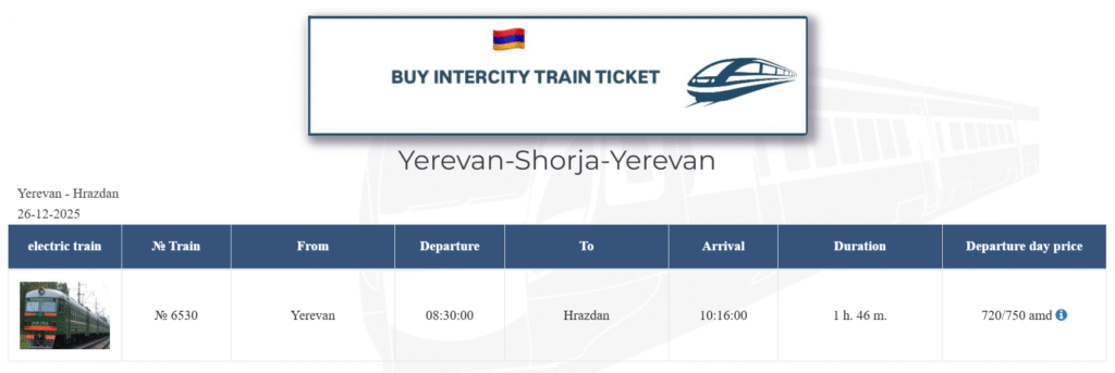Train Yerevan Hrazdan price